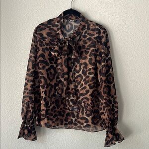 SHEIN Brown and Black Tie Front Blouse with Peter Pan Collar